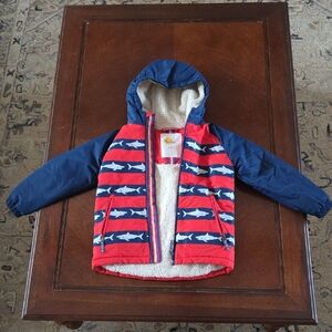 Mini Boden Navy and Red Shark Puffer Coat